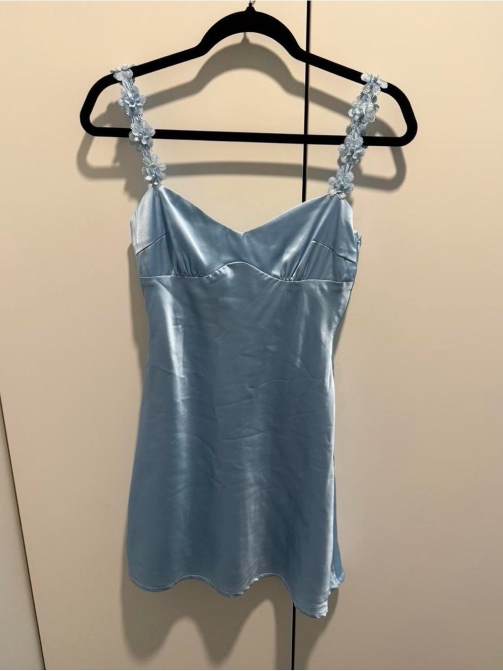 Satin Slip Chemise with Floral Straps - Light Blue